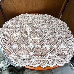Antique Hand Crochet White Cotton Lace Tablecloth - 35" x 35"